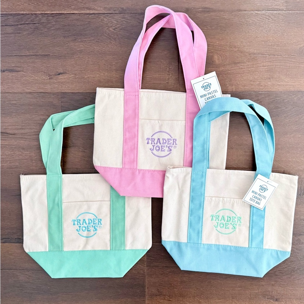 NWT -A bundle of 3, Trader Joe’s Pastel Mini Canvas Tote Bag - Pink,Mint&Blue